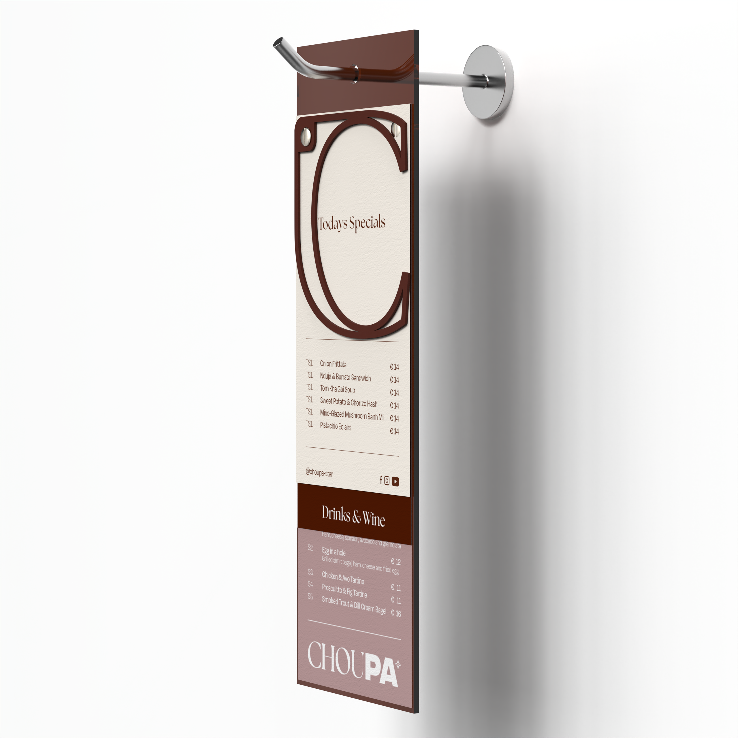 Optionally choose to hang your menu#Brown acrylic A5 long menu holder board with paper menu on hook#color_black-tea