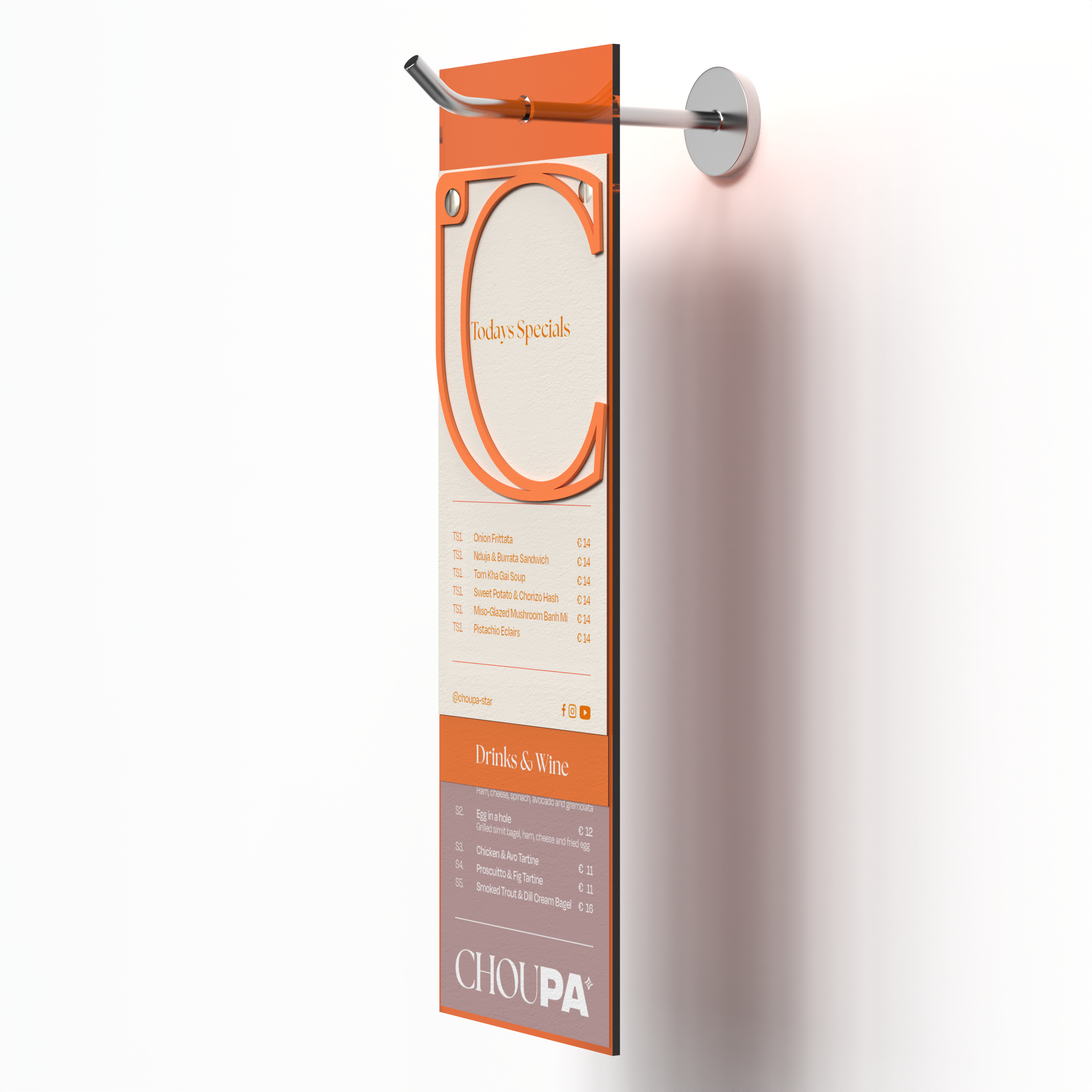 Optionally choose to hang your menu#Orange acrylic A5 long menu holder board with paper menu on hook#color_orange