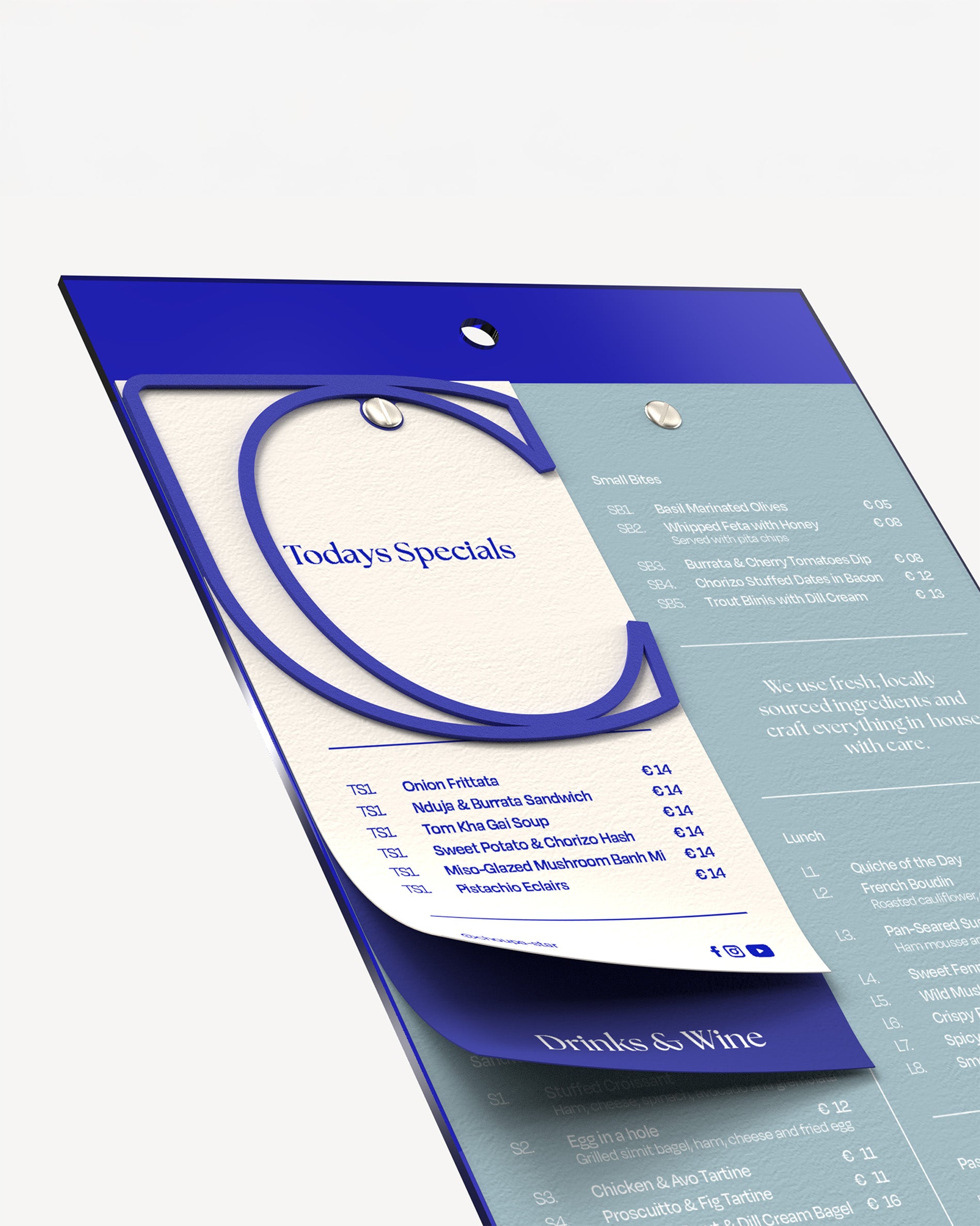 Acrylic menu holder blue board with paper menu bound to it#menu-size_A4