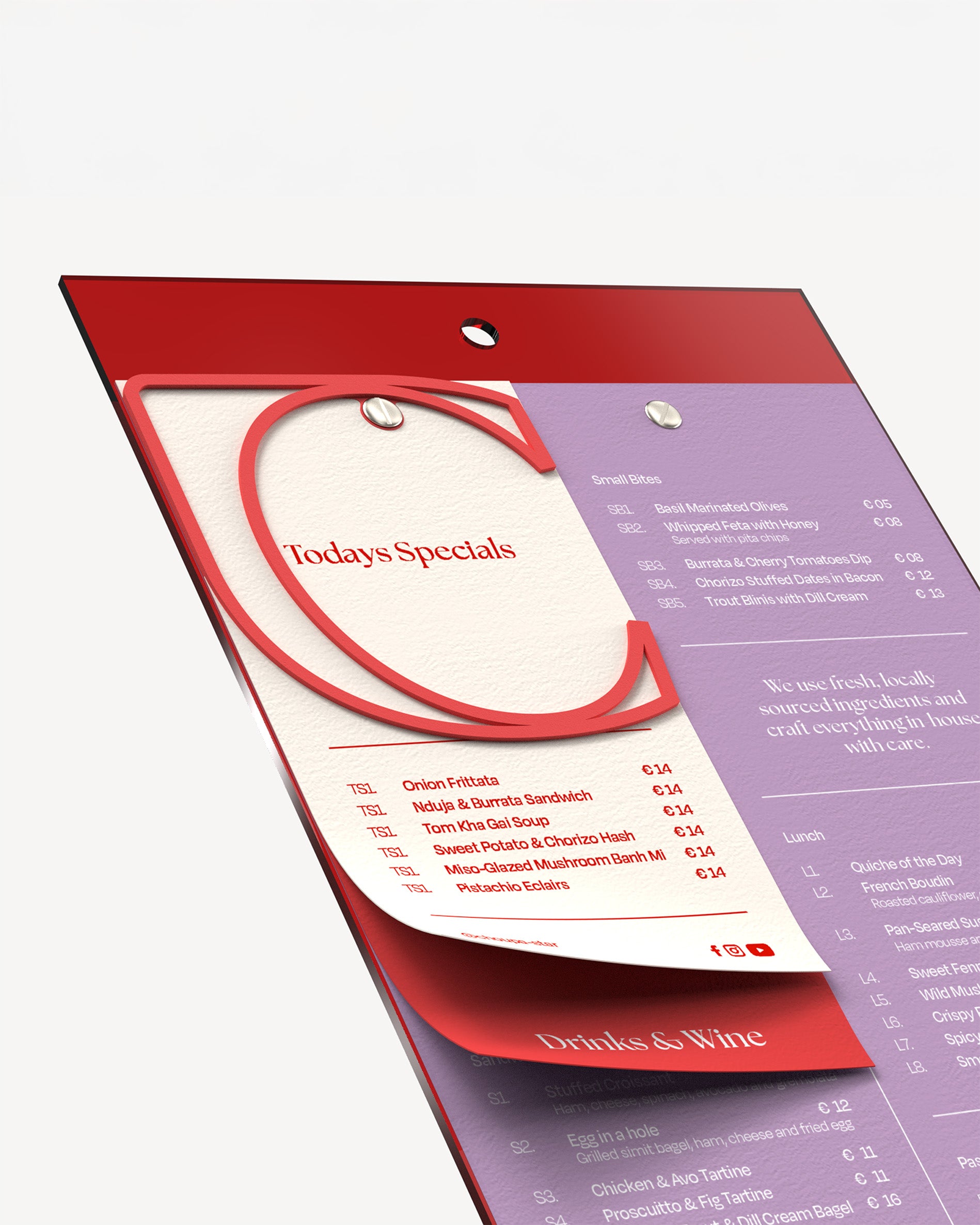 A4 Red acrylic menu holder board with paper menu bound to it#menu-size_A4