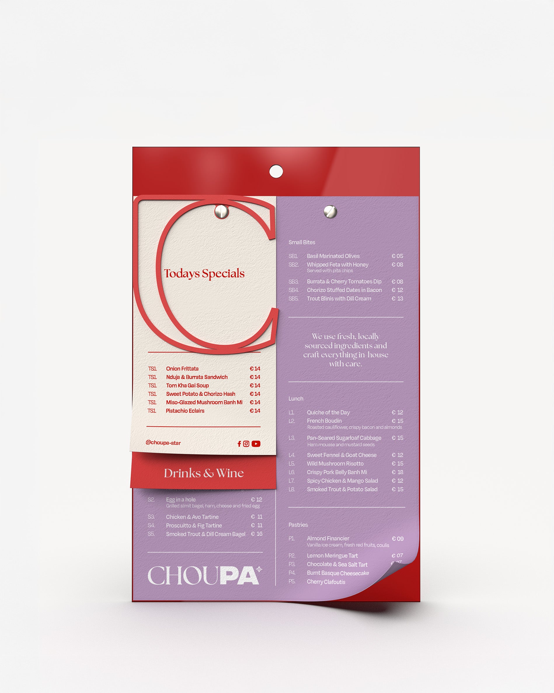 Red acrylic menu holder board with paper menu bound to it#menu-size_A4