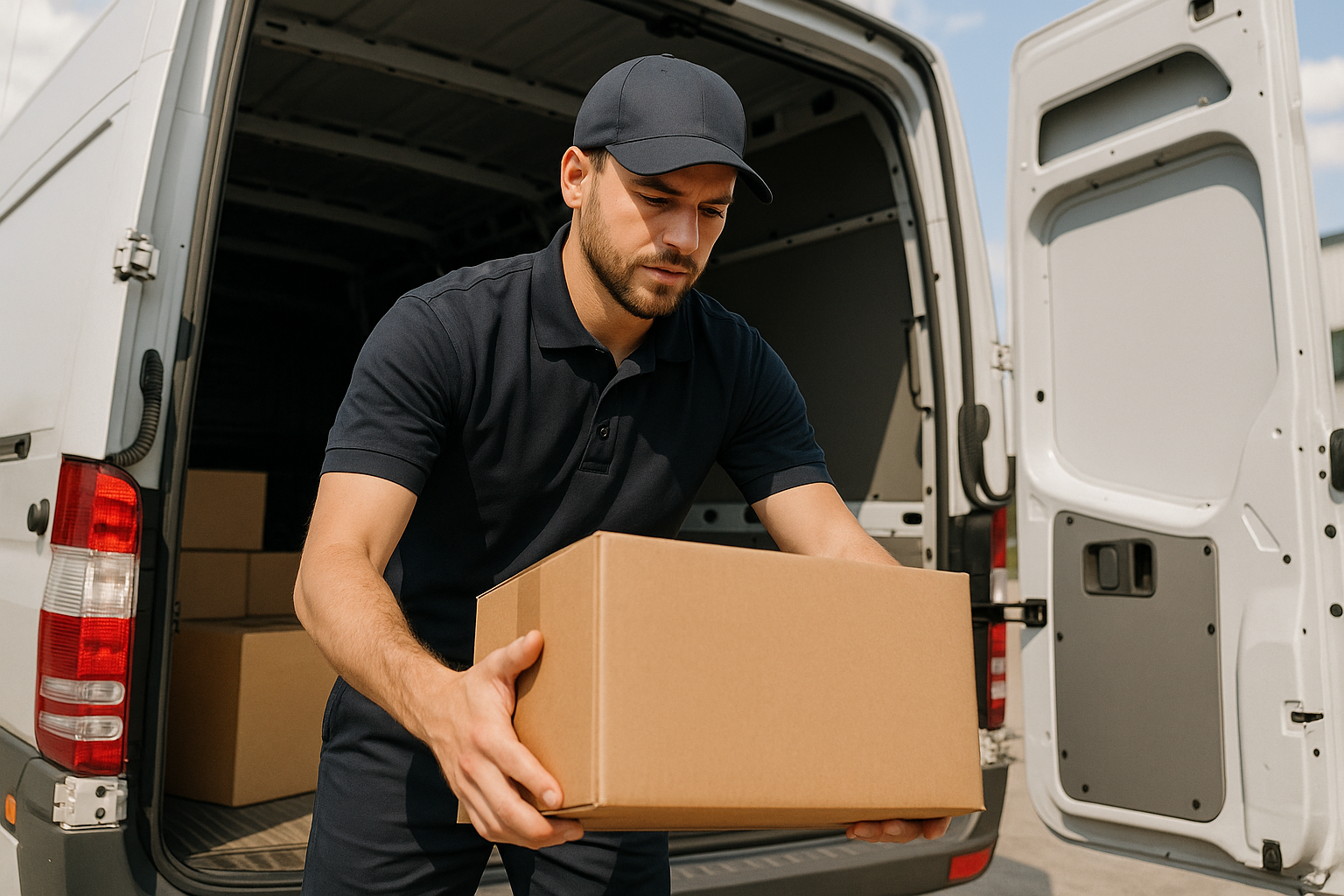 a shipping box unloaded from a shipping truck by a shipping handler