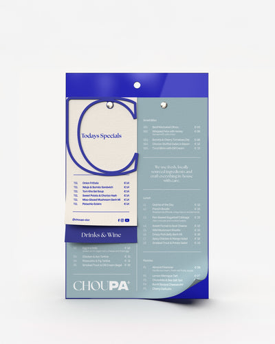 Portamenús de acrílico A4 azul Klein con carta impresa fijada#menu-size_A4