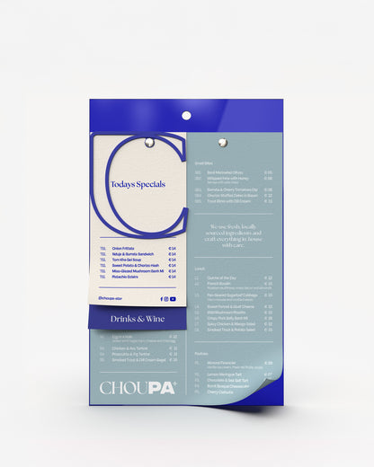 Acrylic A4 blue menu holder board with paper menu bound to it#menu-size_A4