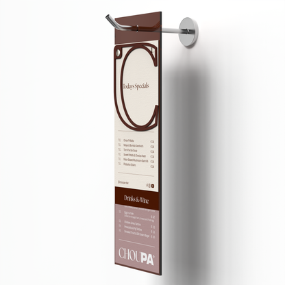Optionally choose to hang your menu#Brown acrylic A5 long menu holder board with paper menu on hook#color_black-tea
