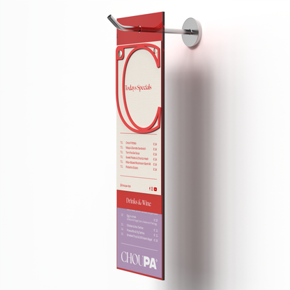 Optionally choose to hang your menu#Red acrylic A5 long menu holder board with paper menu on hook#color_tomato-red