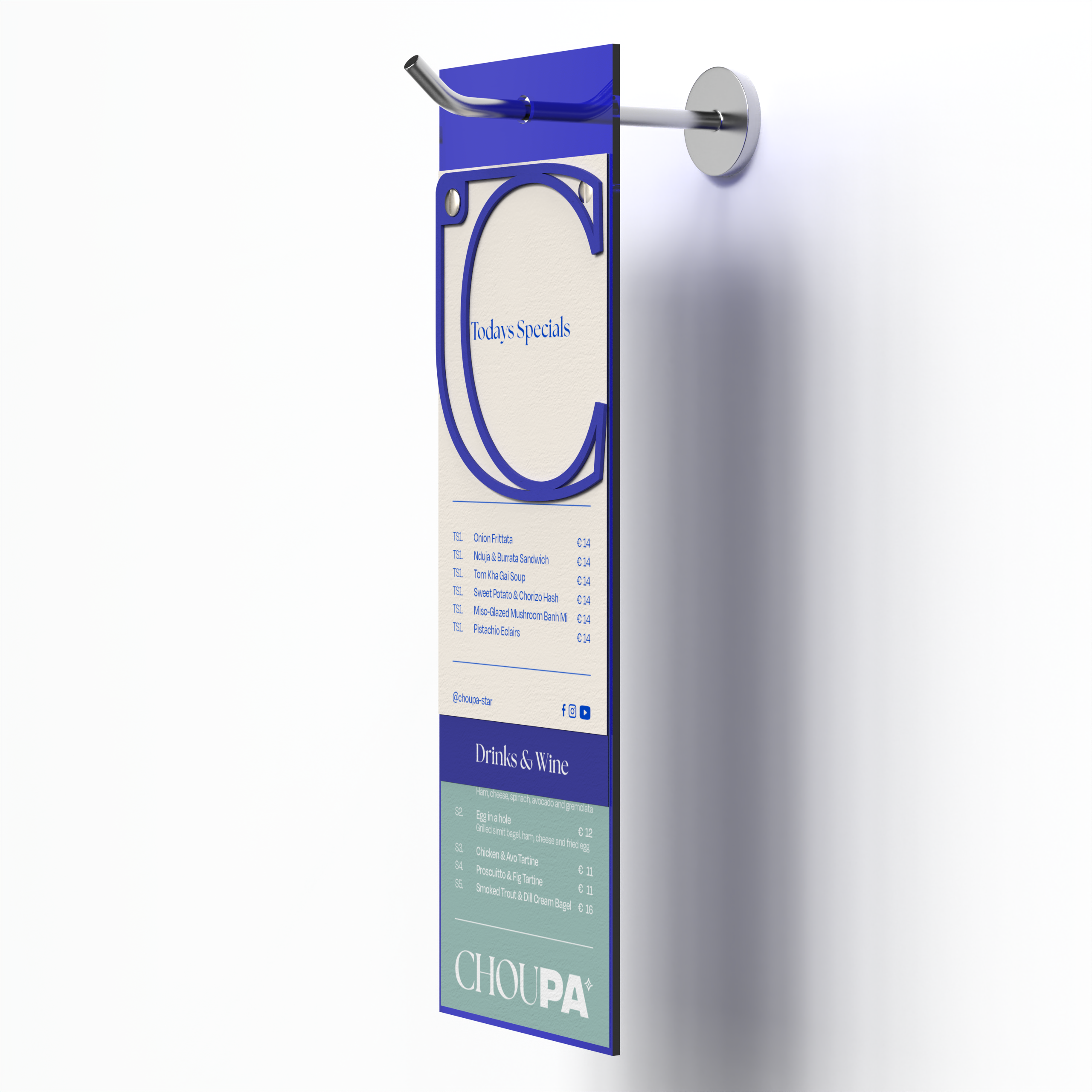 Optionally choose to hang your menu#Blue acrylic A5 long menu holder board with paper menu on hook#color_klein-blue