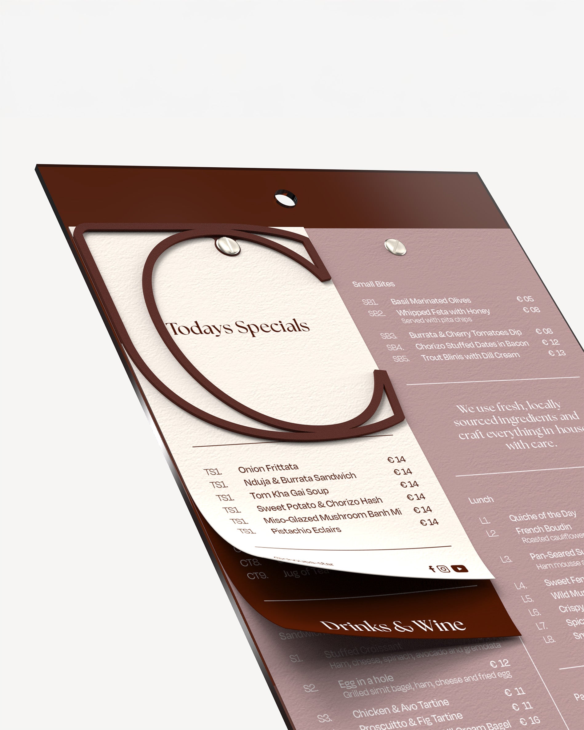 Acrylic menu holder board with paper menu bound to it#menu-size_A4