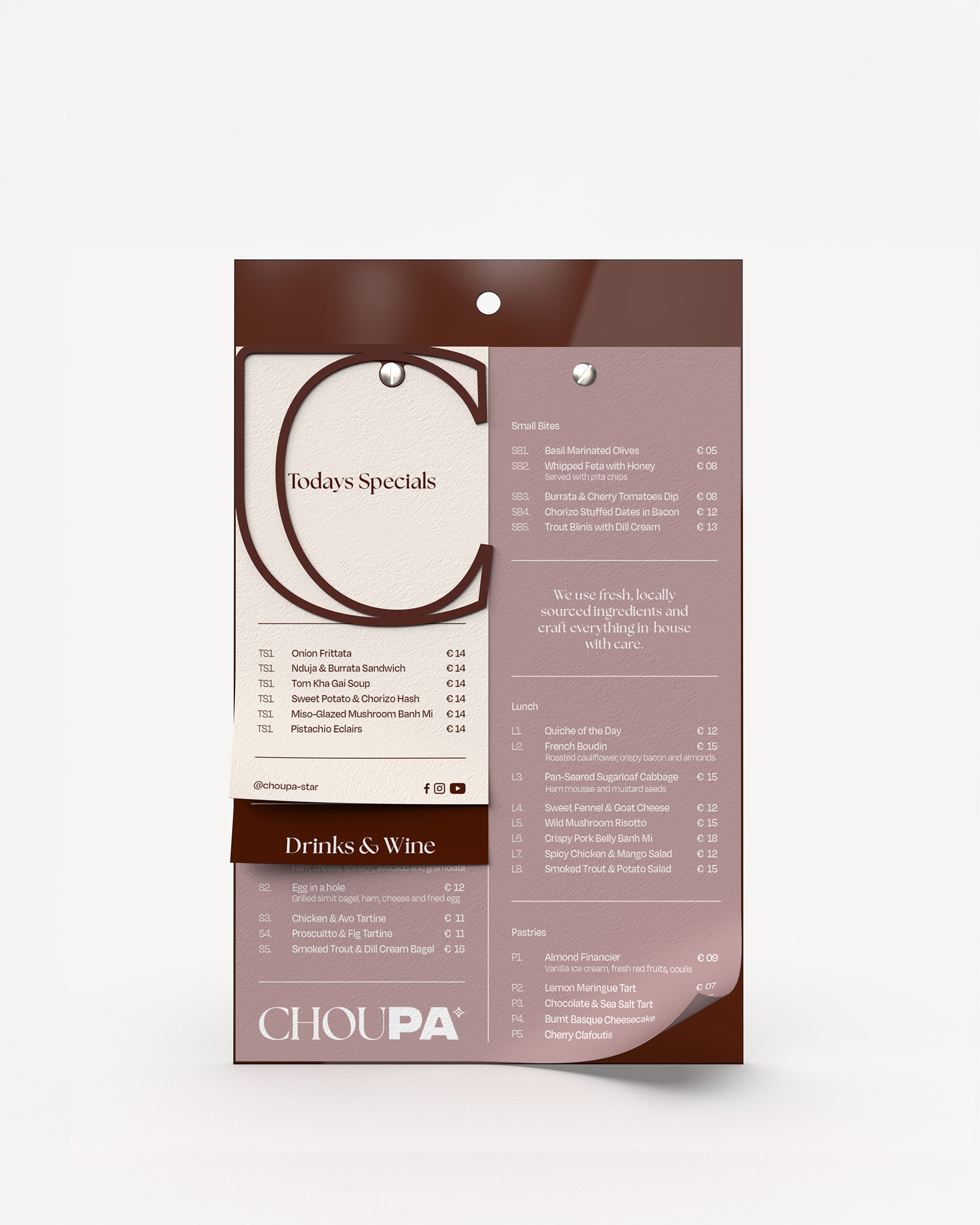 Acrylic menu holder board with paper menu bound to it#menu-size_A4