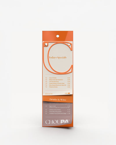 Portamenús de acrílico A5 largo naranja con carta impresa#color_orange#menu-size_A5-long
