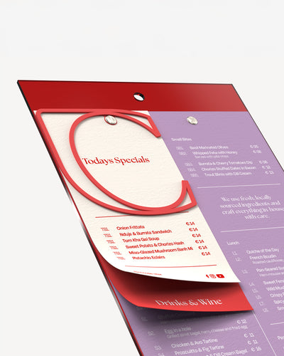 A4 rode acryl menuhouder met bevestigd papieren menu#menu-size_A4