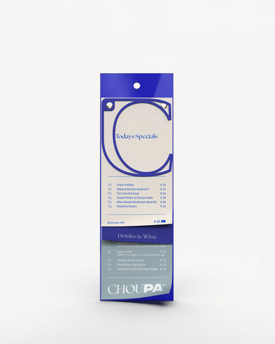 Portamenús de acrílico A5 largo azul Klein con carta impresa#menu-size_A5-long