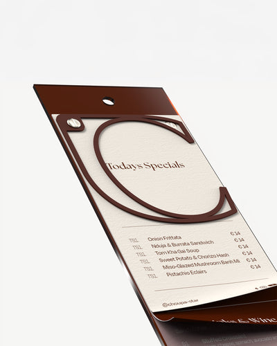 Portamenús de acrílico A5 largo marrón Black Tea con carta impresa#menu-size_A5-long