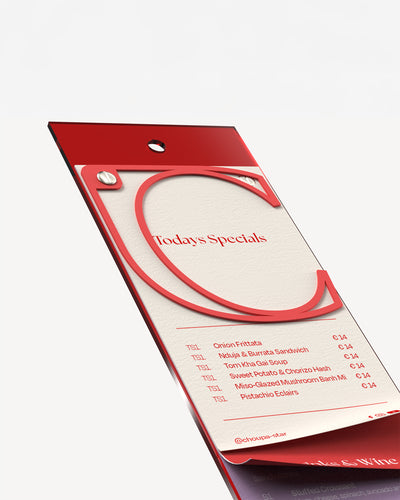 Portamenús de acrílico A5 largo rojo tomate con carta impresa#menu-size-A5-long